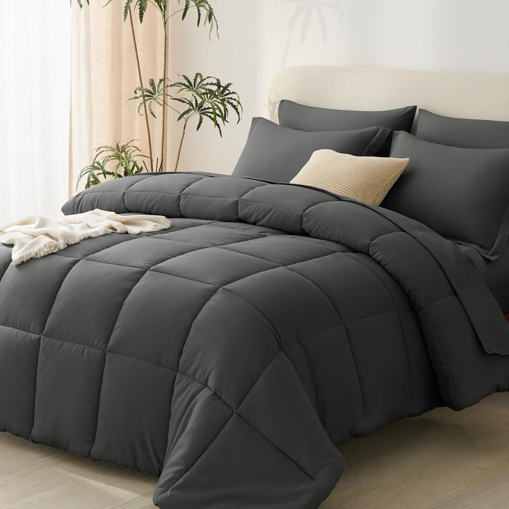 Dark Grey Comforter for Queen Size Bed 7 Pieces Bed in a Bag Dark Gray Queen ...