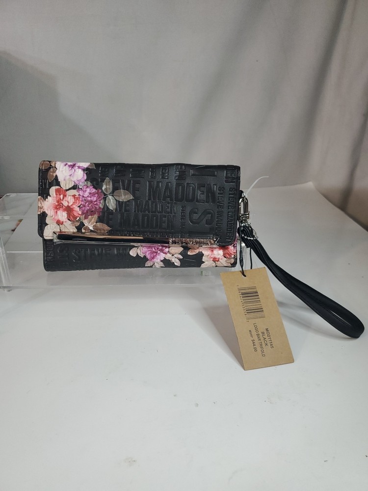 Steve Madden Floral Black Wristlet Magnetic Snap Wallet NWT