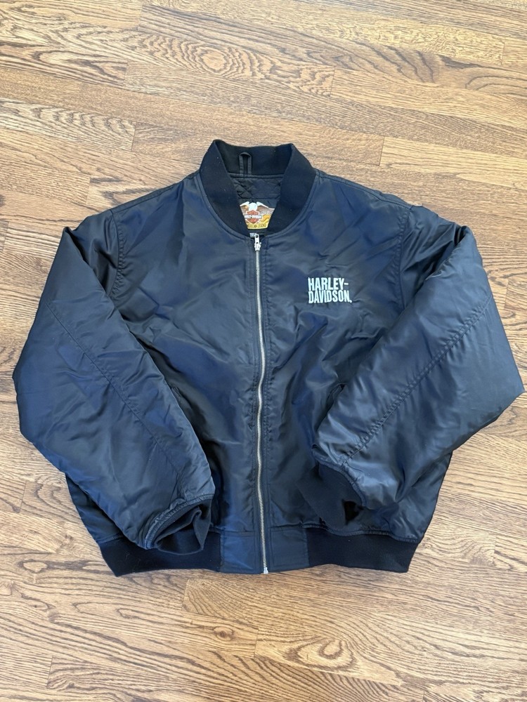 Vintage 1990s Harley-Davidson Black MA-1 Bomber Jacket Embroidered Back, Fits XL