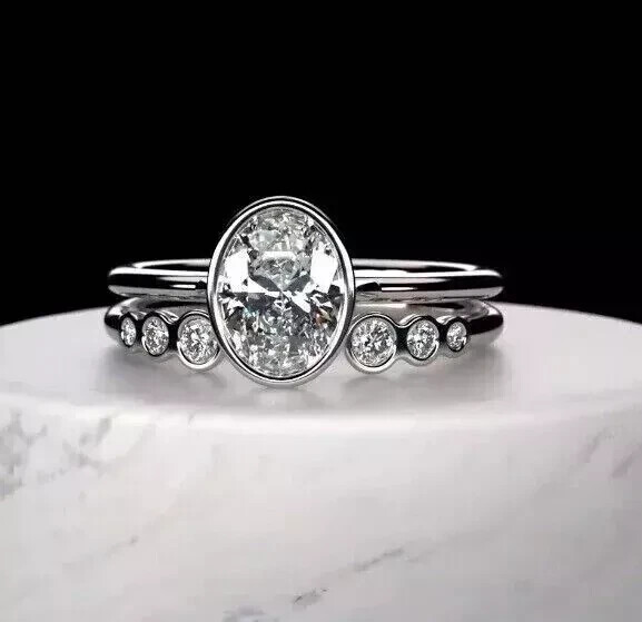 Oval Cut Simulated Diamond Bridal Wedding Ring Set in 14k White Gold Plated