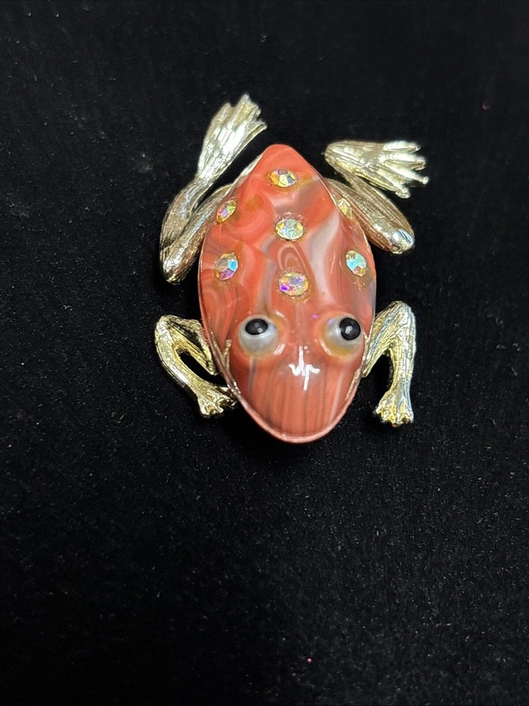 Vintage Rhinestone Frog Brooch Gold Tone 1.5 Inch Retro Jewelry