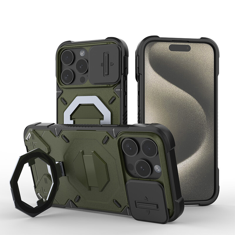 For iPhone 16 15 14 13 Pro Max Shockproof Mag Safe Stand Case w/Slide Lens Cover