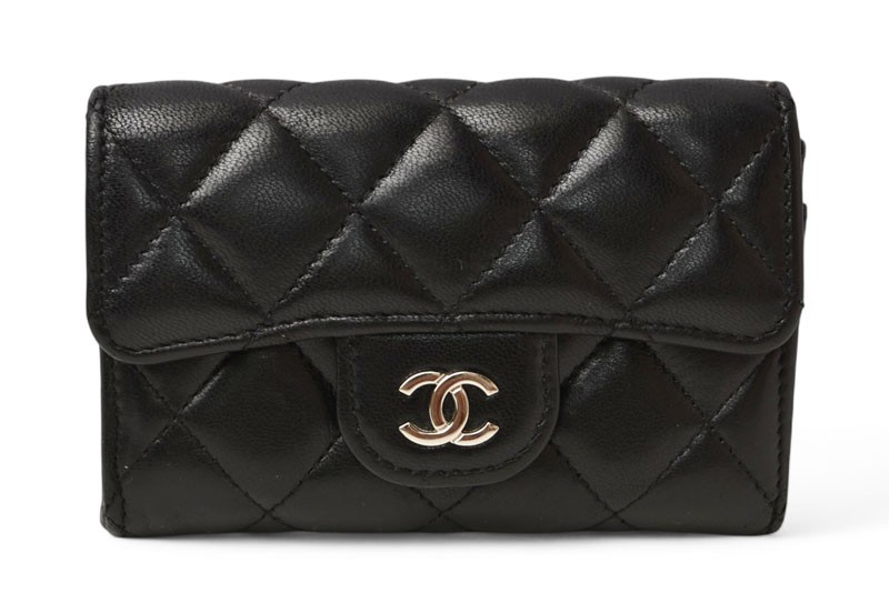 CHANEL Authentic Coin Case/Card Case in Black Lambskin with Silver