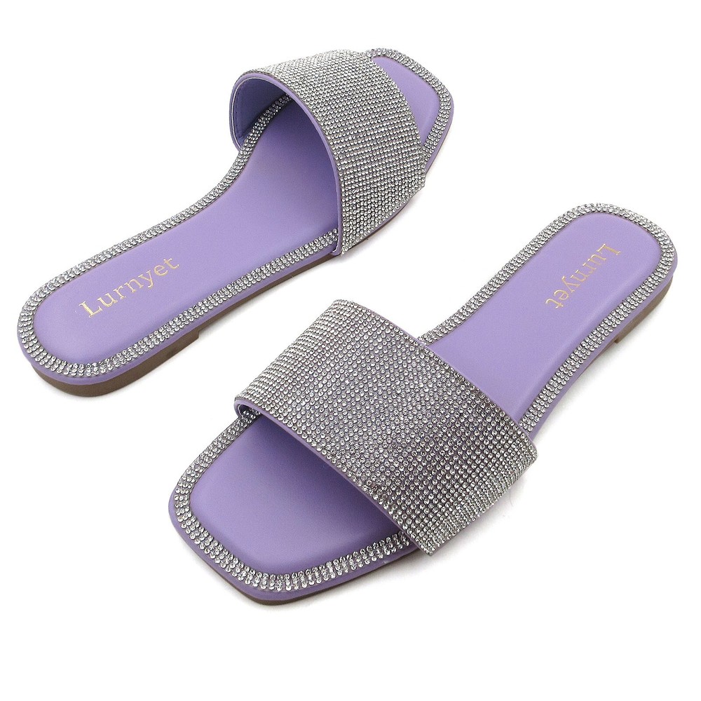 Lurnyet Women's Summer Casual Crystal Rhinestone Slide Sandals Square Toe