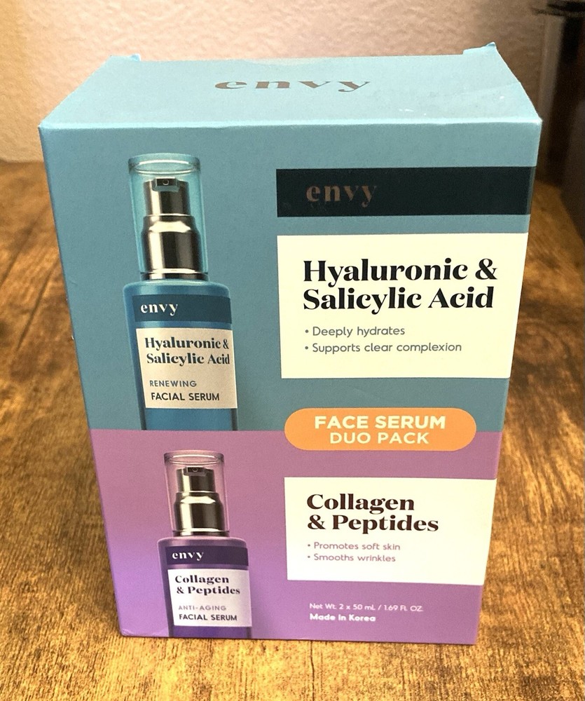 Envy Face Serum Duo Pack Hyaluronic & Salicylic Acid, Collagen & Peptides