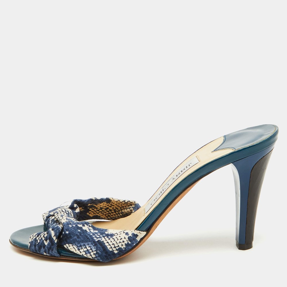 Jimmy Choo BlueWhite Printed Canvas Knotted Slide Sandals Size 36.5