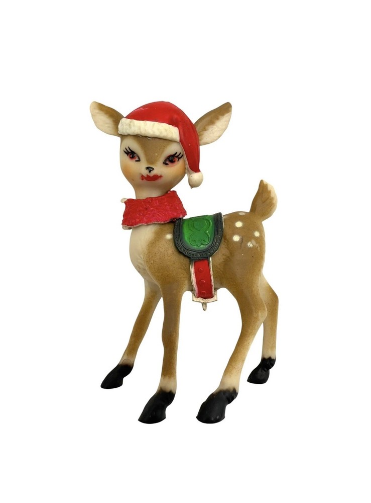 Vintage 1960s Hard Plastic Reindeer Deer Doe Christmas Figurine Hat Santa Hat 3”