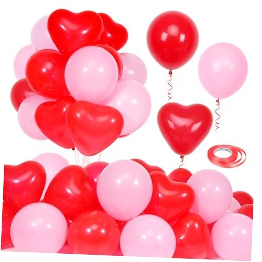 60Pcs Pink and Red Heart Shaped Balloons, Red Valentine's Day Balloons Set