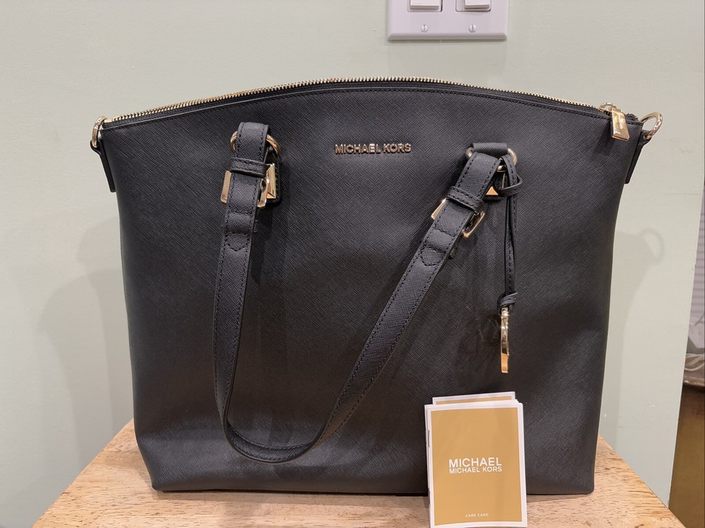 Michael Kors Karla Large Saffiano Black Leather Zip Top Handbag Luggage Tote