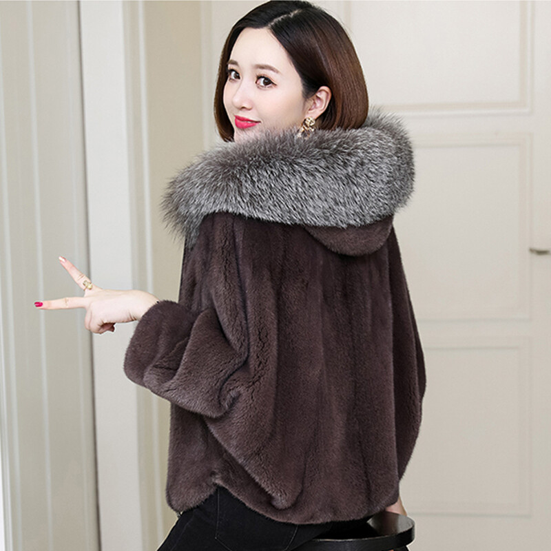 Mink Coat Womens Fox Fur Collar Winter Hooded Mink Fur Casual Faux Mink Fur Coat