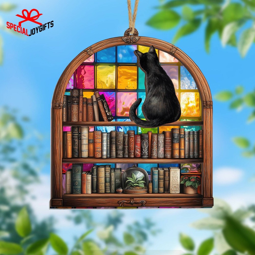 Black Cat And Book Acrylic Window Hanging Book Ornament Book Lover Gift Book