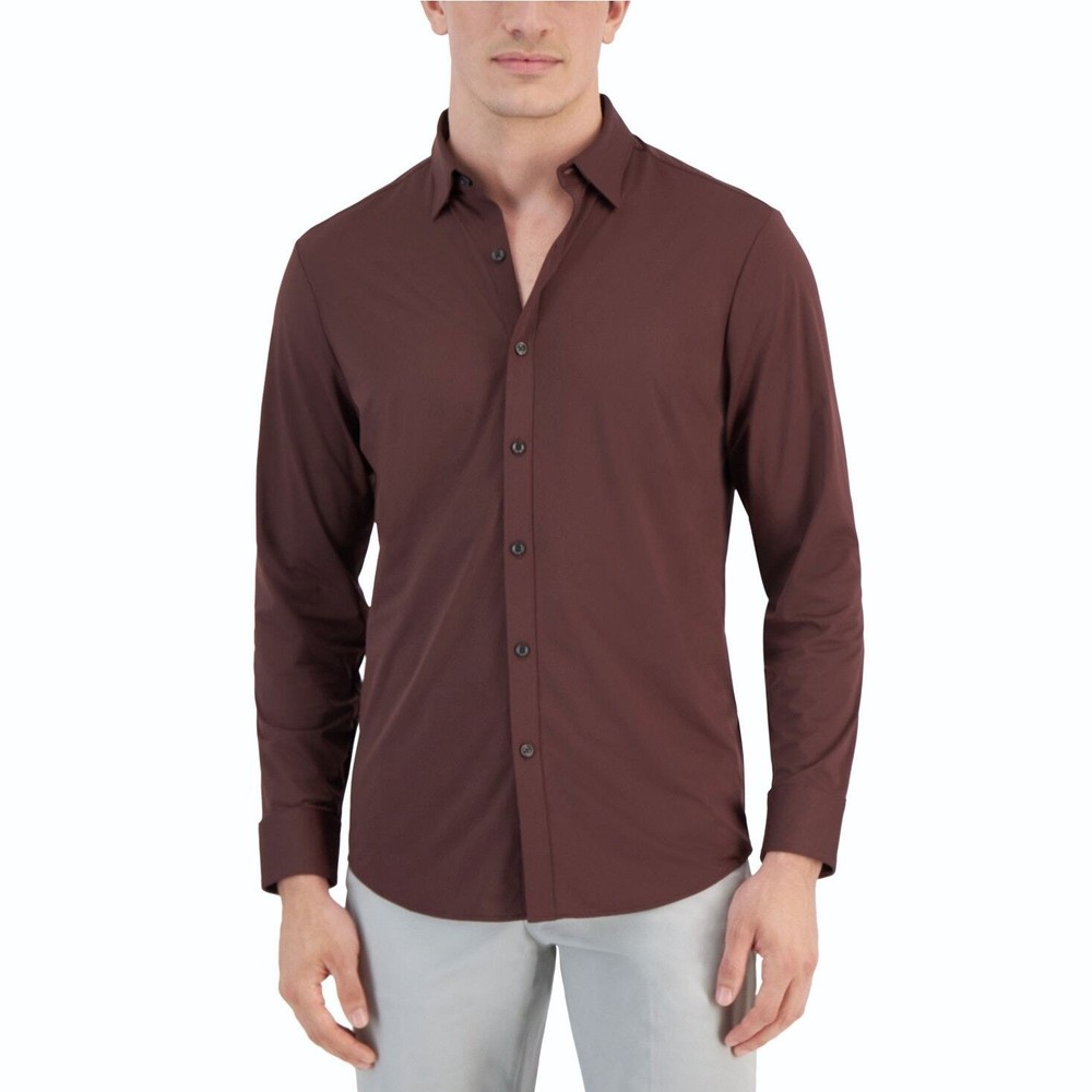 Alfani Men's Brown Jersey Yarn-Dyed Alfatech Casual Performance Shirt Size XXL