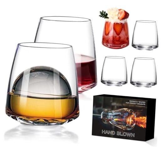 6-Piece Hand-Blown Stemless Wine Glasses Set - 14.5oz Heavy Duty for Red or White Wine