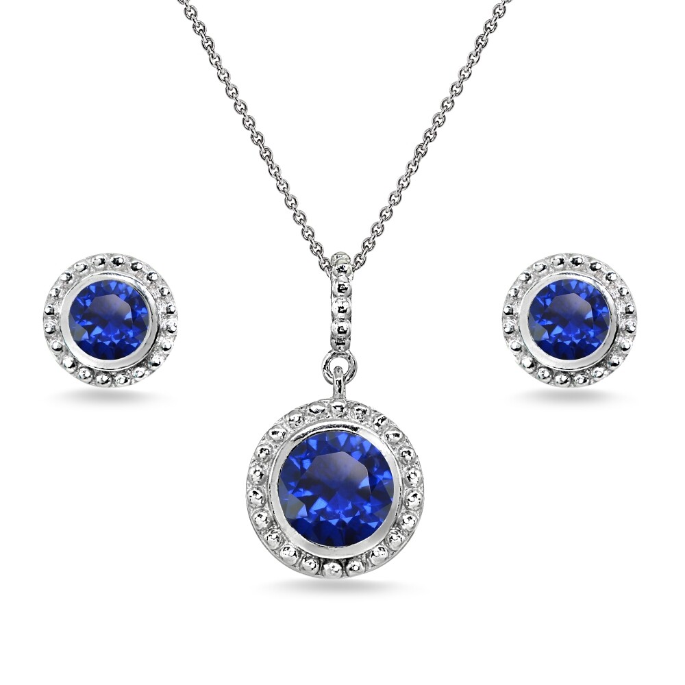 6mm Blue Sapphire Flower Silver Necklace & Earrings Set