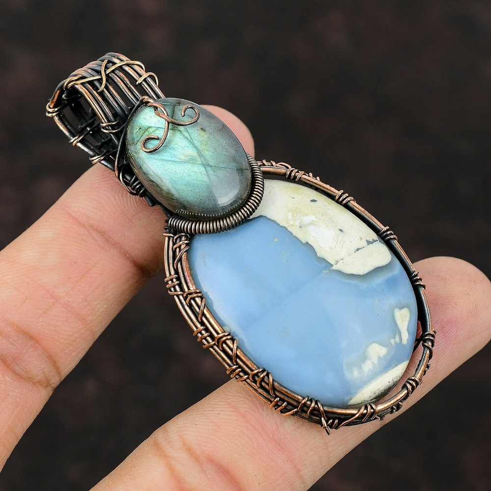 Christmas Sale Owyhee Blue Opal Gemstone Labradorite Wire Wrapped Pendant Copper-image