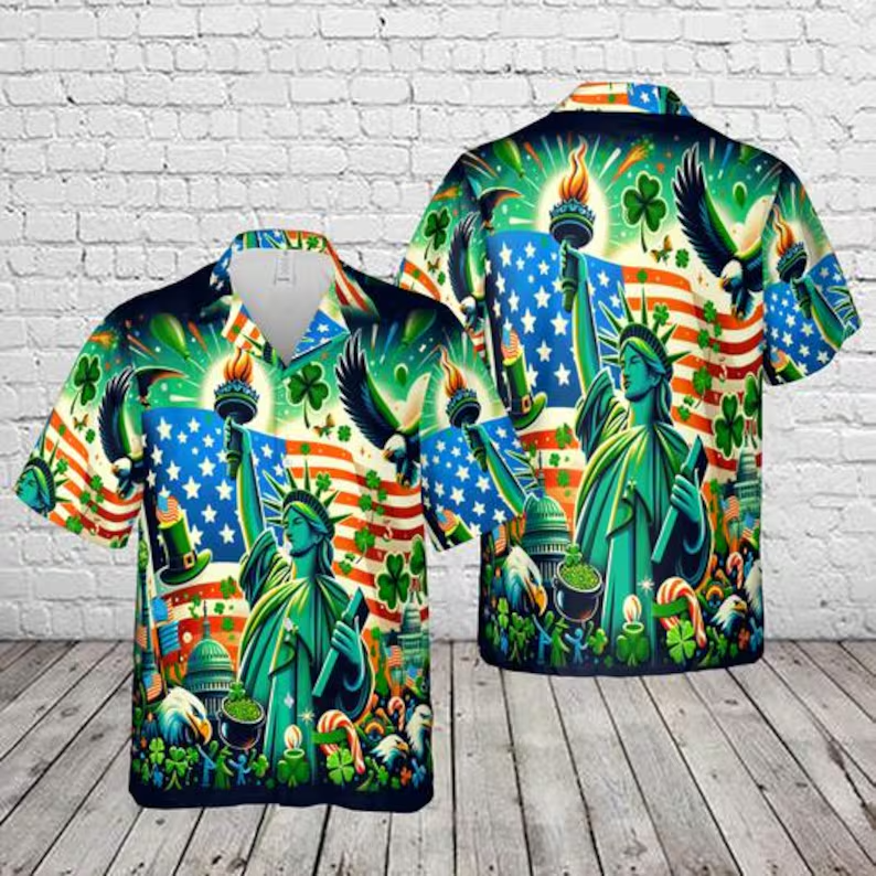 USA St Patricks Day Hawaiian Shirt Men's Irish Shamrock Lucky Green Gift