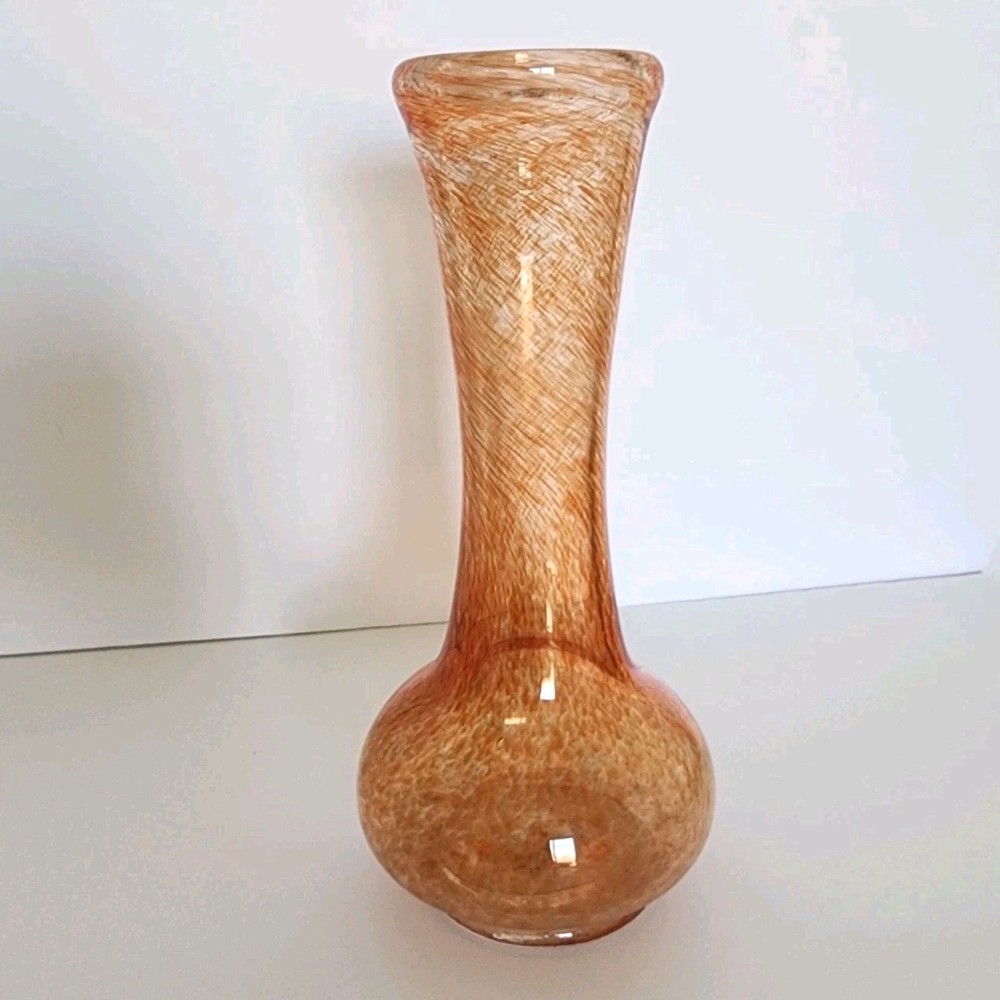 Hand Blown Peach Orange Swirl Bud Vase Mid-Century Bulb Shape 10 Inch
