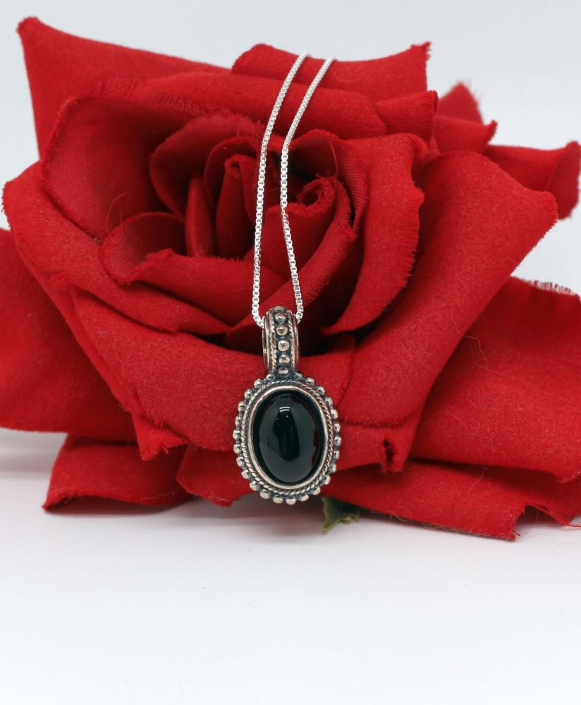 Sterling Silver Simulated Onyx Oval Bead 18in Necklace Cat Rescue 8.87g