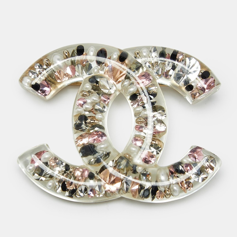 Chanel Gold Tone CC Brooch with Faux Pearls and Crystal Accents