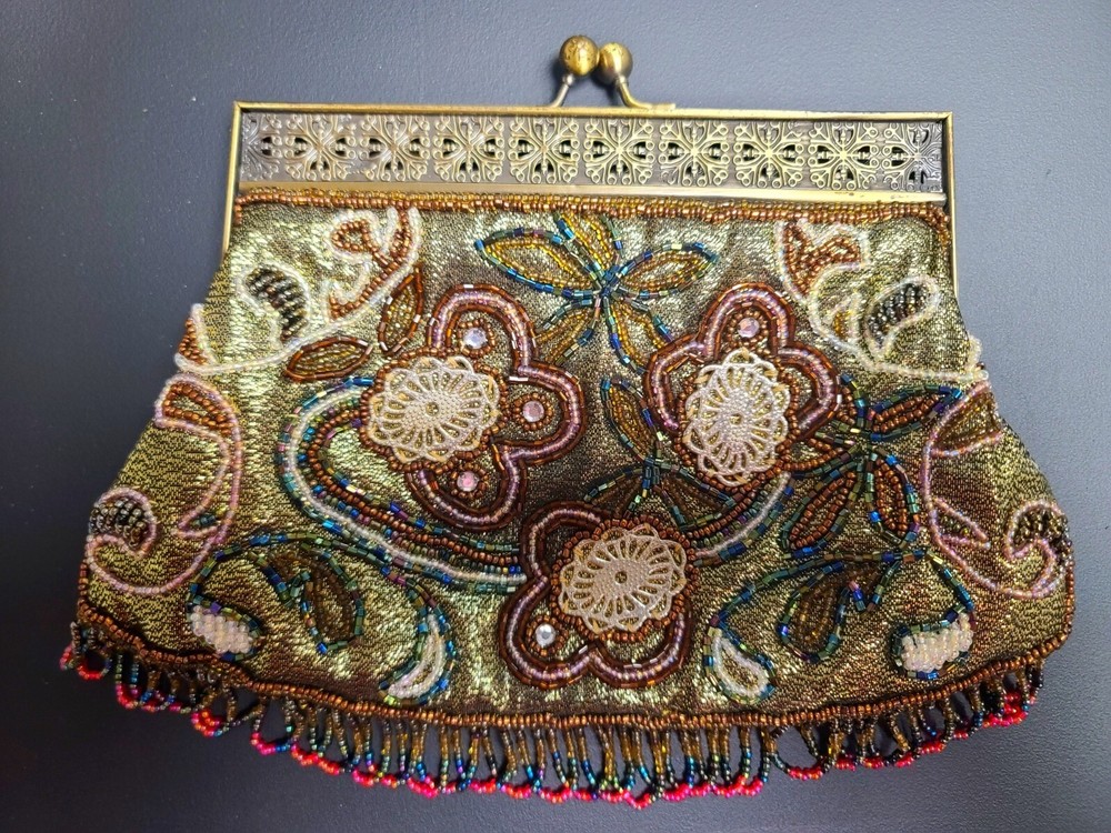 Vintage Glitzey FAR NINE Clutch/Shoulder Purse with Seed Beads & Fringe