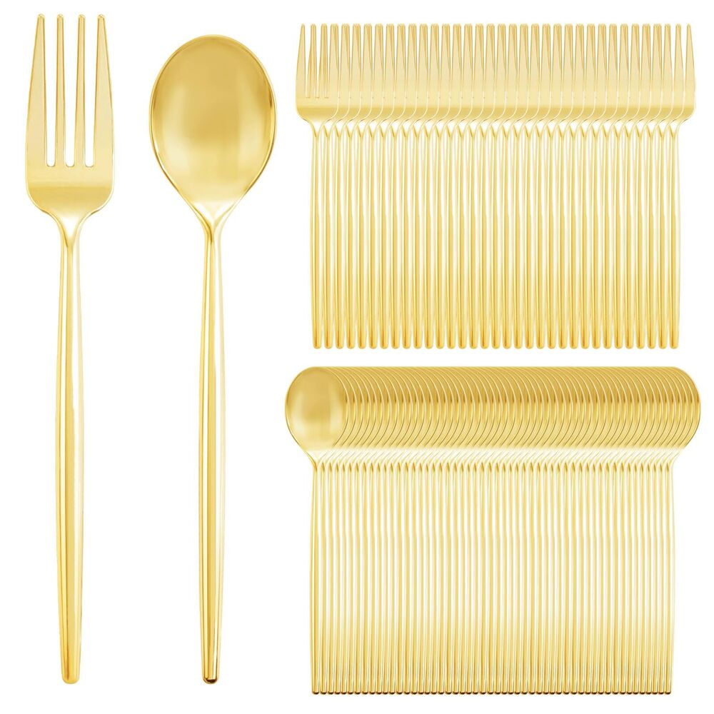 200PCS Gold Plastic Forks and Spoons Heavy Duty Set, Gold Disposable Silverwa...