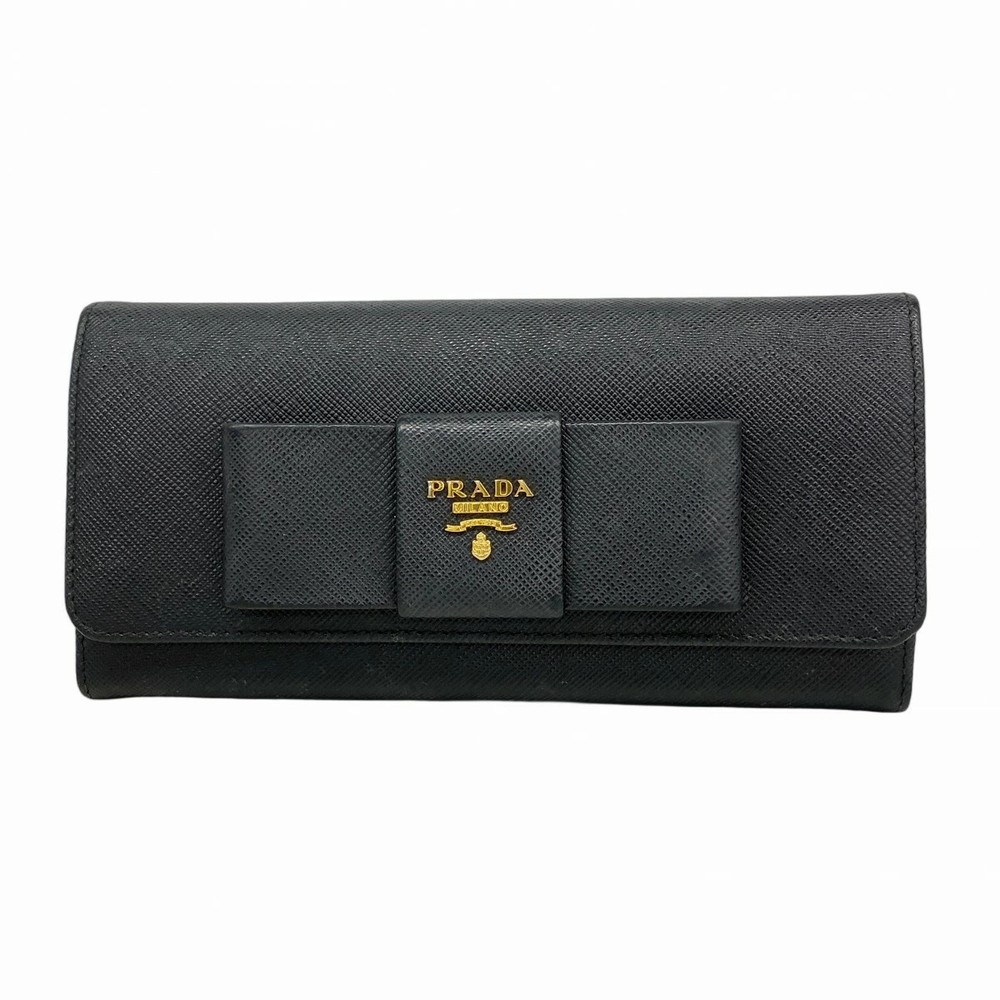 Prada Long Wallet Fiocco Leather Black Gold Women