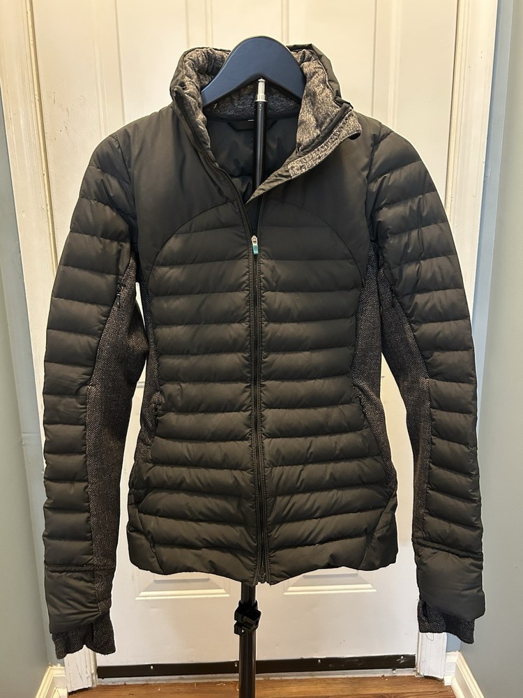 Lululemon Fluff Off Jacket Goose Down Puffer Black / Gray Herringbone 6 Full Zip