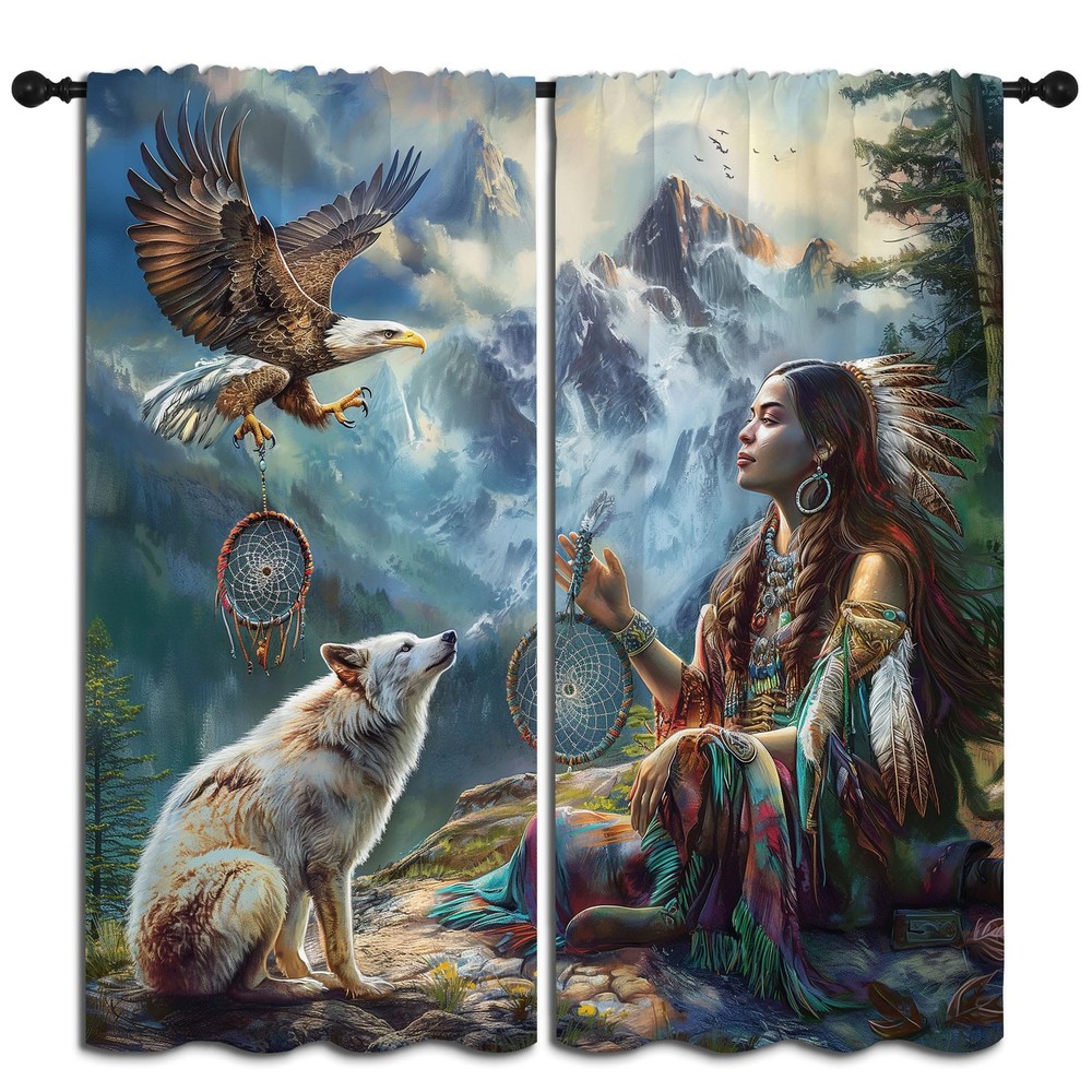 Wolf Dream Catcher Blackout Curtains for Boys Girls Bedroom Native American Theme