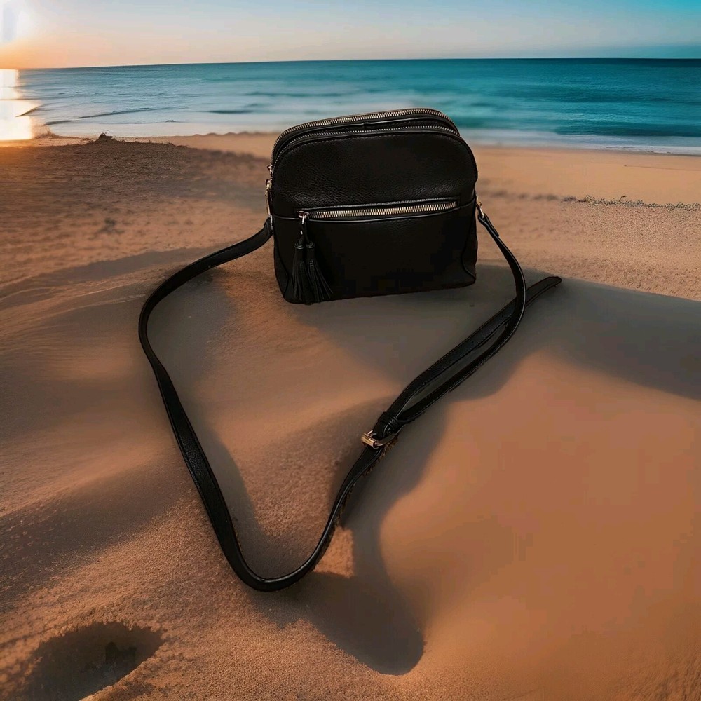 Gussaci Vegan Leather Black Crossbody Bag with Studded Pockets and Zippers