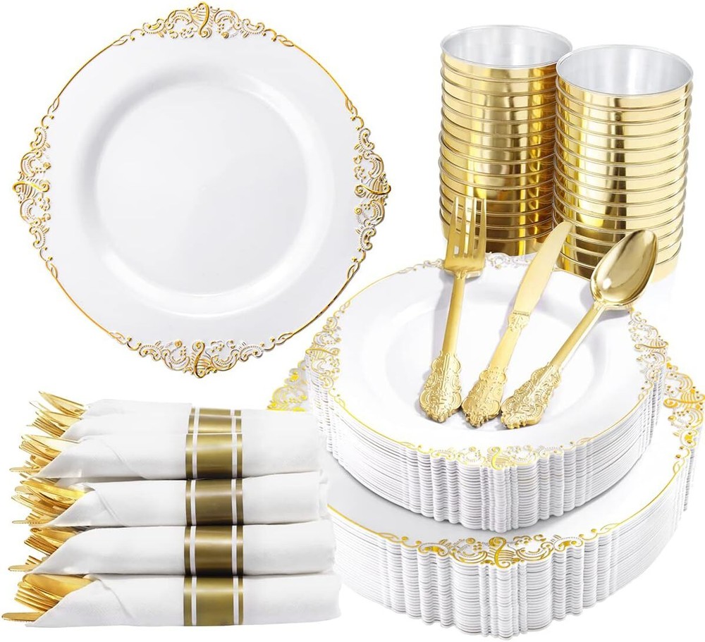 350-Piece Gold Plastic Dinnerware Set – Elegant Gold Plastic Plates for 50 Guests, Perfect for Parties, Weddings, and Special Events
