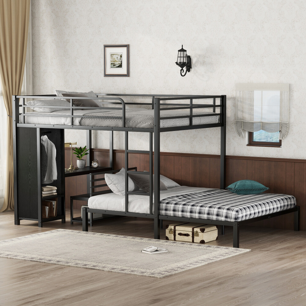 Queen over Queen Size Bunk Bed Frame with Built-in Wardrobe, Metal Bunk Bed