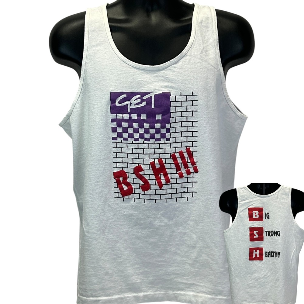 Camiseta sin mangas vintage grande fuerte saludable BSH para hombre grande gimnasio entrenamiento camiseta años 90 blanca