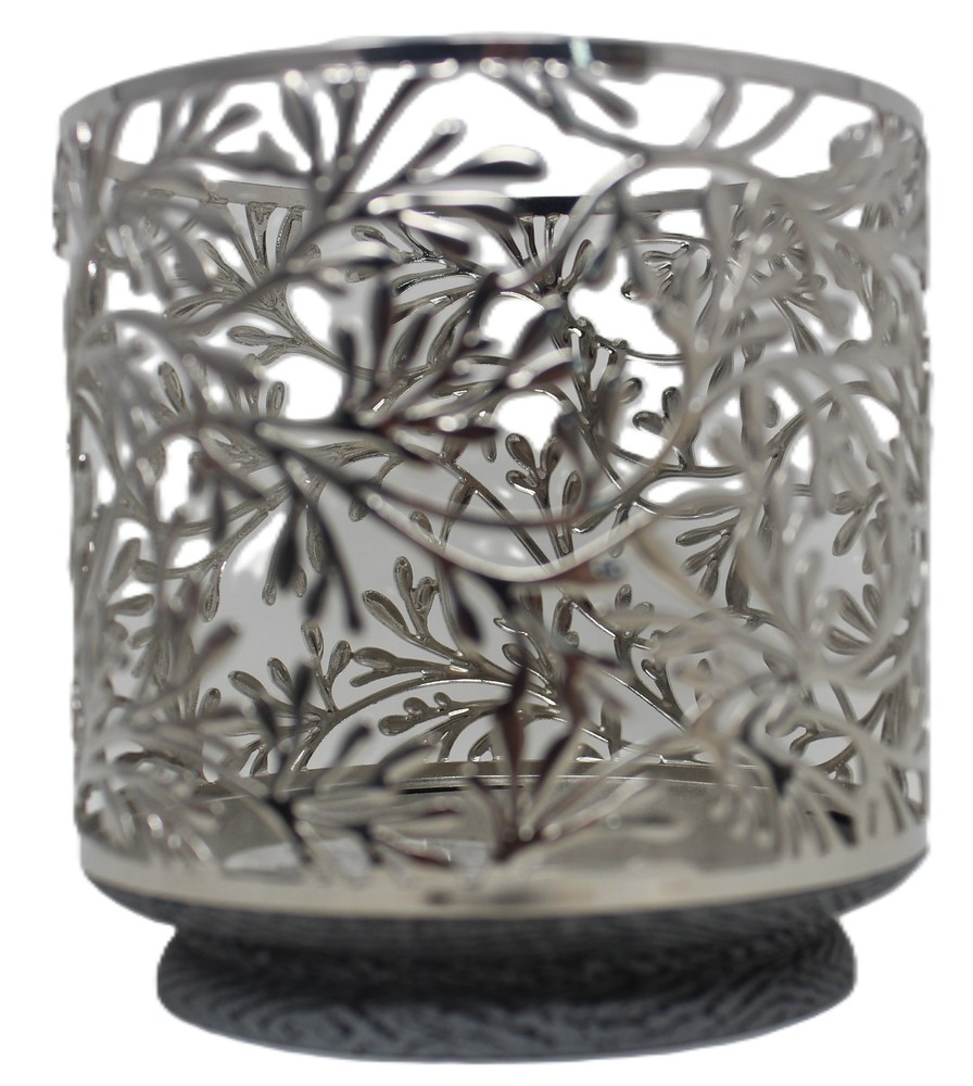 Bath Body Works Silver Botanical 3 Wick Candle Holder Leaves Vines Wood Base New