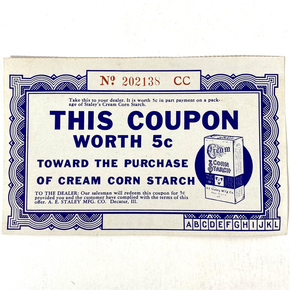 Staley’s Cream Corn Starch Vintage Coupon 5 Cents Old Baby Powder Advertising-image