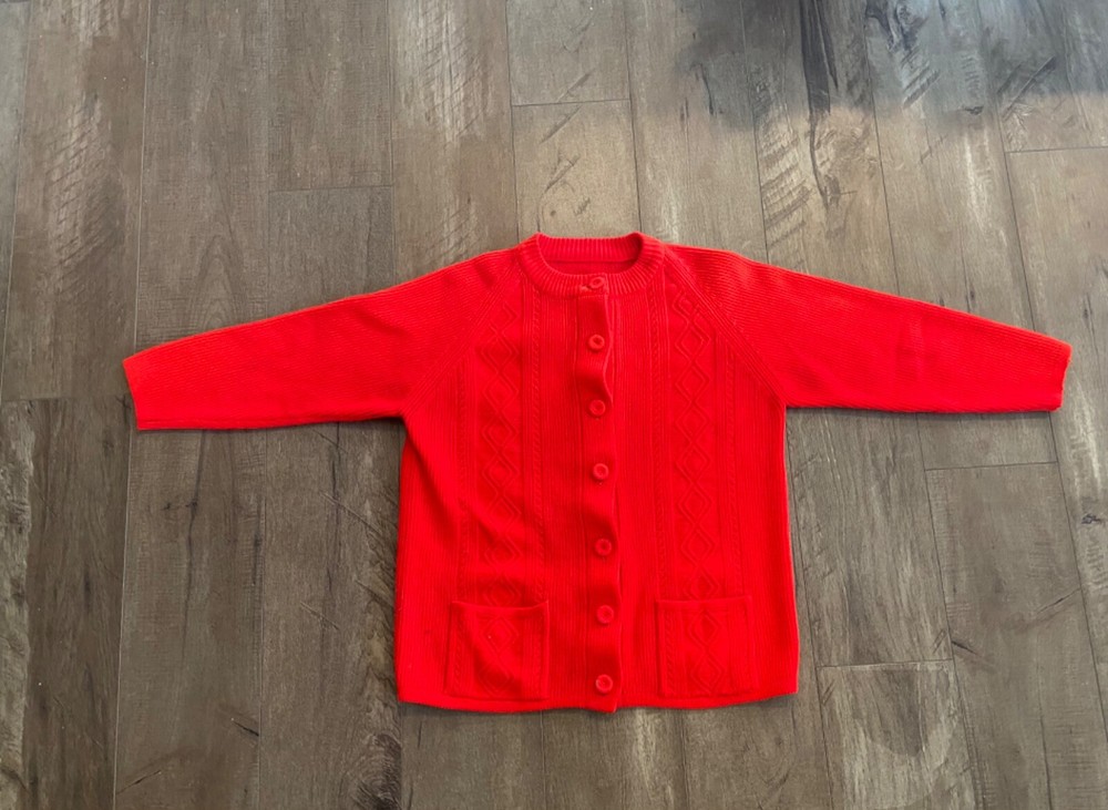 RARE VINTAGE 70s Neon Red Cable Knit Button Cardigan Sweater L/S Women's S/M