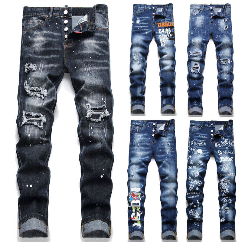 Stylish Men’s Slim Fit Stretch Ripped Embroidered Blue Jeans UK Size