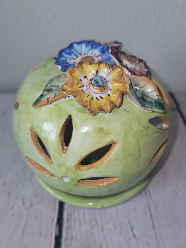 Rare SOLIMENE VIETRE Tea Light Punched Pottery shade Italy candle Holder flowers