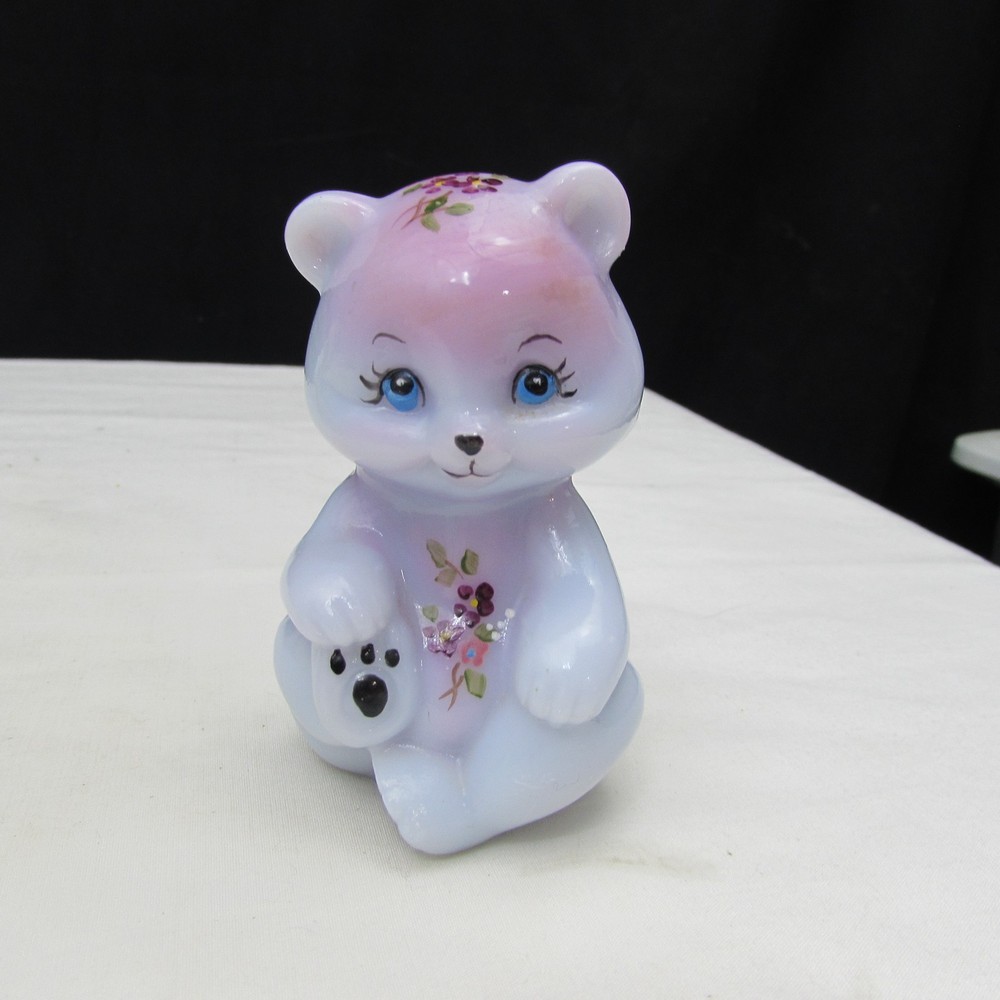 Fenton Blue Burmese OOAK MARILYN WAGNER Violets Hand Painted Sitting Bear W321