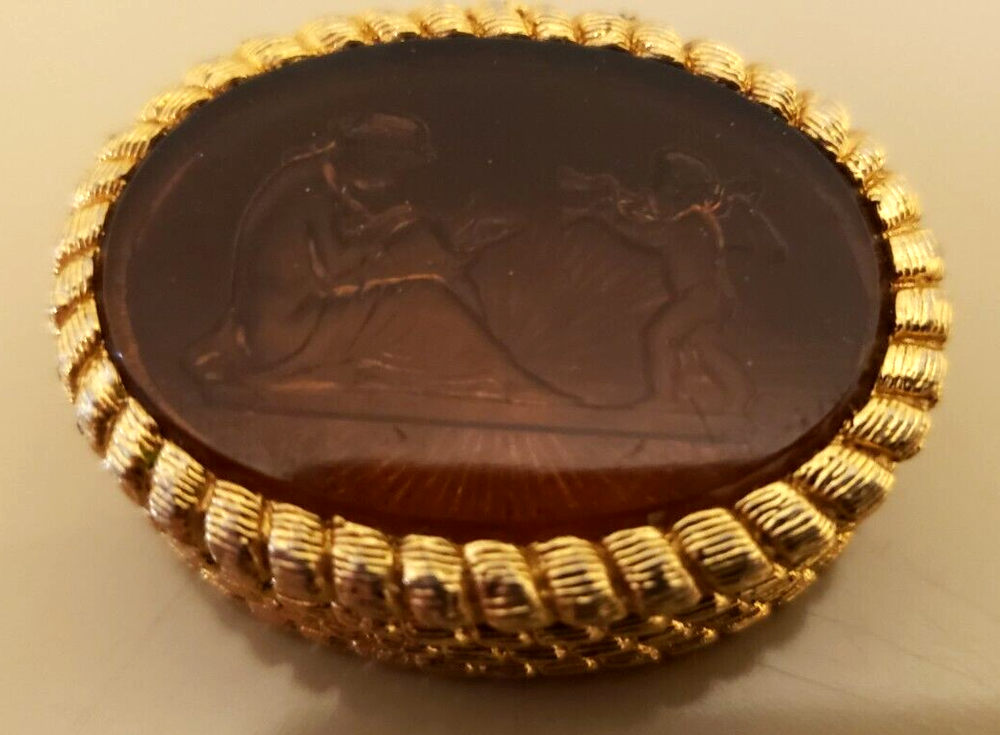 Vintage Gold Tone Trinket Box Hinged Glass Cameo Lid Man and Angel 2