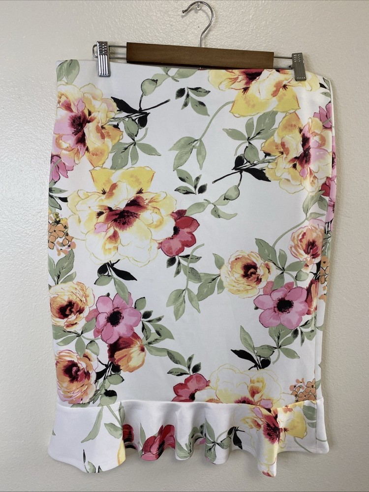 Jenna Soft Stretchy Floral Midi Skirt with Flounce Hem for Spring