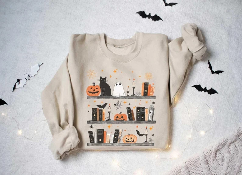 Unisex Halloween Bookshelf Sweatshirt Ghost Cat Pumpkin Pullover Multiple Colors