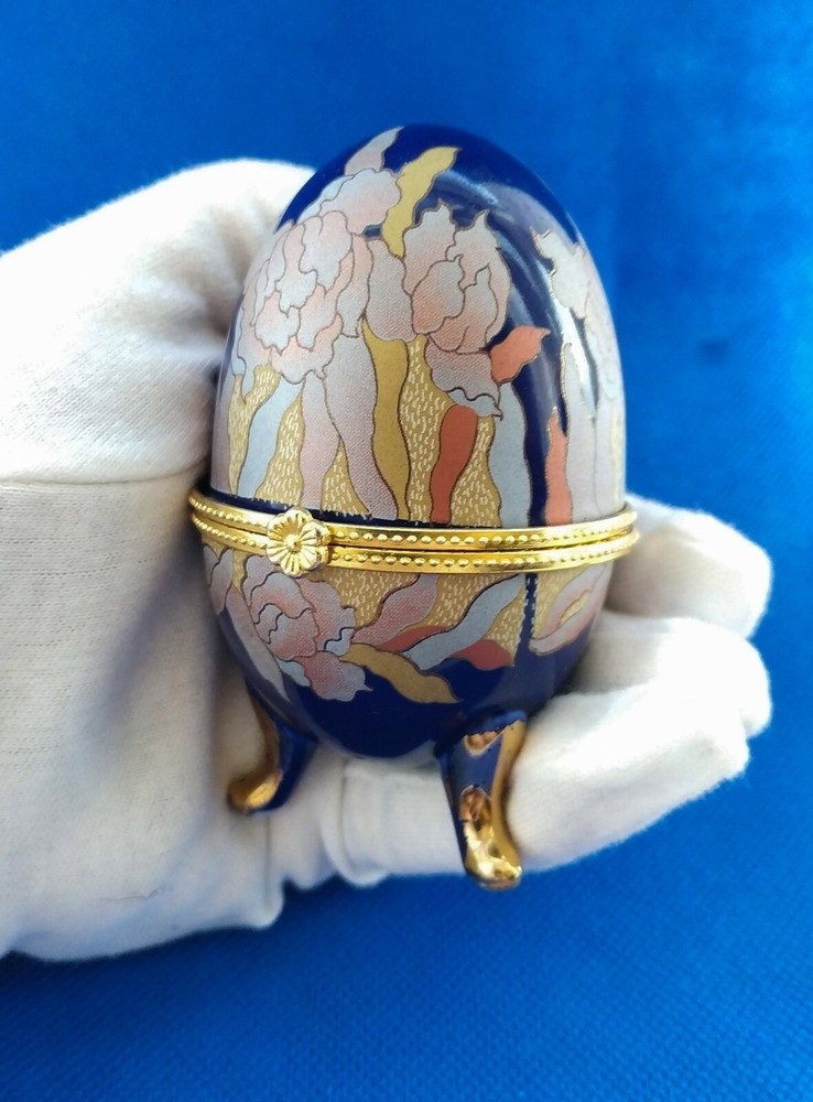 Vintage Porcelain Floral Egg Jewelry Box Trinket Keepsake