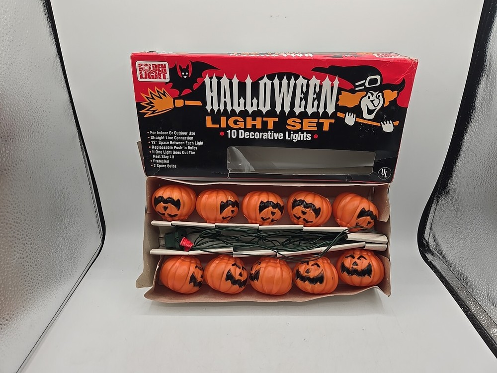 Vtg Orange Halloween String Light Set Blow Mold Pumpkins Jack O Lantern Open Box