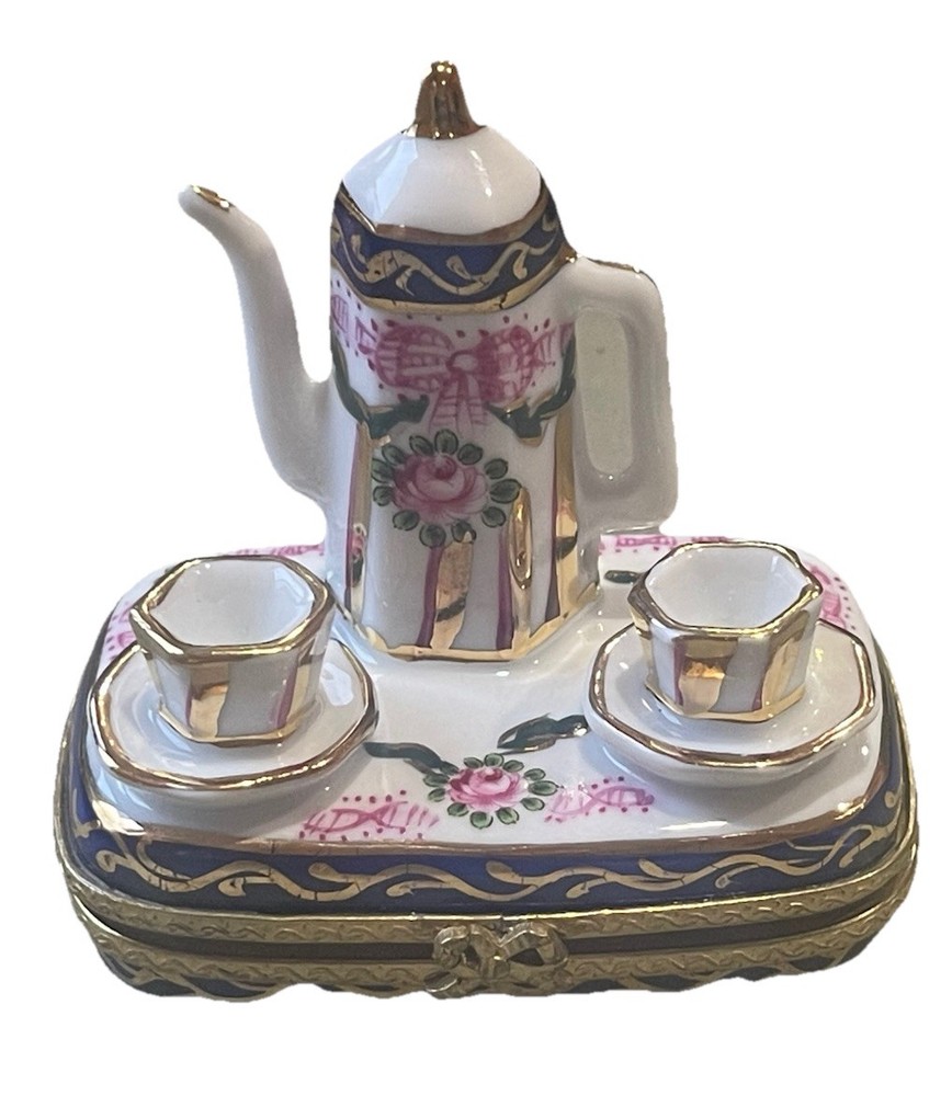 Limoges Porcelain Tea Set Trinket Box with Floral Design and Gold Trim