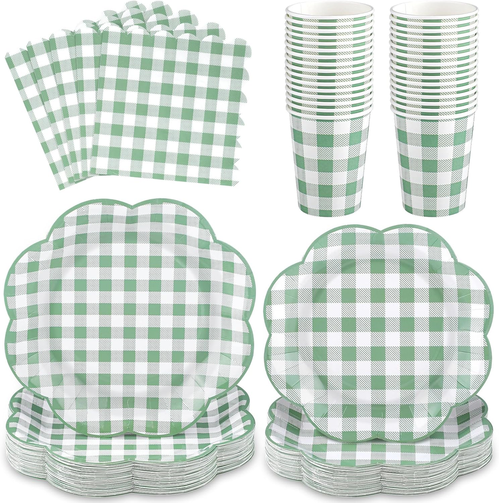 250 Pcs Sage Green Gingham Plates and Napkins, Scalloped Green and White Checker