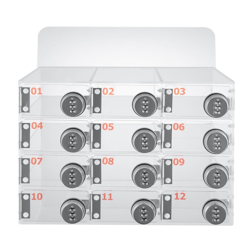 12 Slots Cell Phone Locker Box Transparent Acrylic Storage Box W/Locks TOP