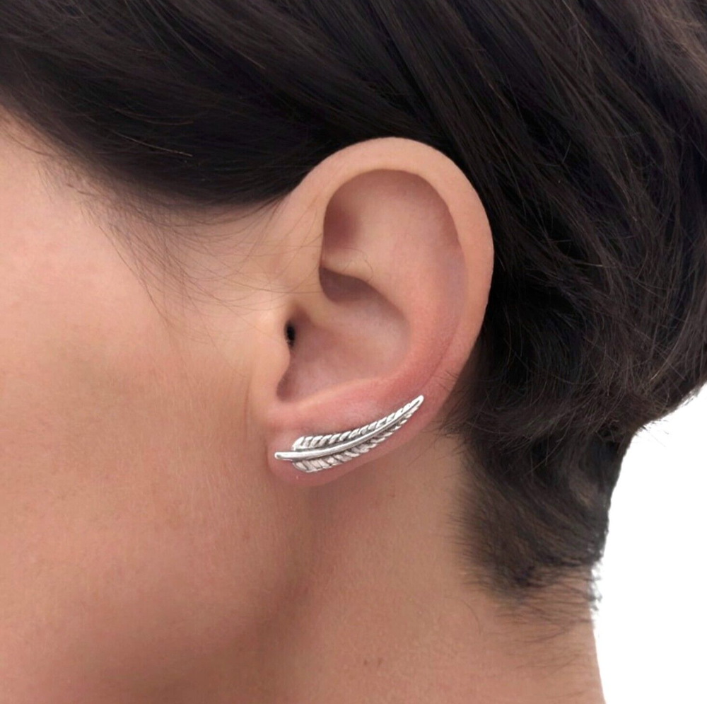 Feather climber earrings, Nature lover ear crawler, Boho jewellery, Ear sweeps