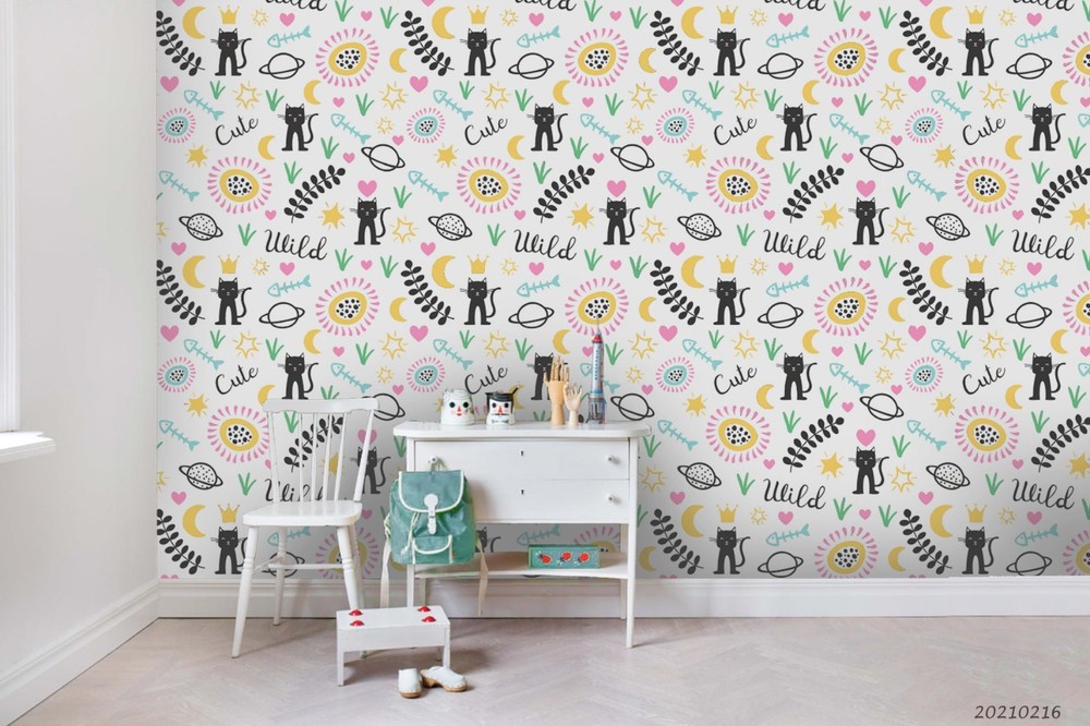 3D Cat Planet Fishbone Pattern Wall Murals Wallpaper Murals Wall Sticker