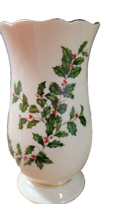 Lenox 8-Inch Holiday Footed Vase with Scalloped Top and Holly Berries Design in USA