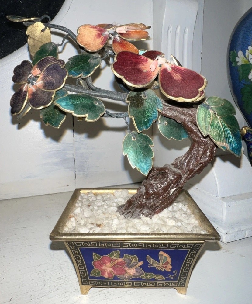 Vintage Chinese Bonsai Tree with Flowers in Cloisonné Pot